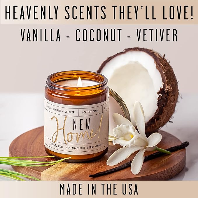 Housewarming Gift, House Warming Gifts New Home, Housewarming Gifts for New House - 'New Home' Soy Candle, w/Vanilla, Coconut & Vetiver I New Home Gifts for Home I 9oz Jar, 50Hr Burn, Made in USA - Bloomnest