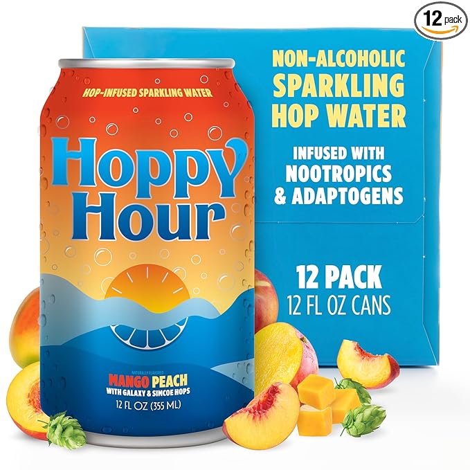 Hoppy Hour Sparkling Hop Water, Non-Alcoholic and Adaptogens Drink, Zero Sugar and Calories, Refreshing Mango Peach Flavor, 12 oz Cans (12-Pack) - Bloomnest