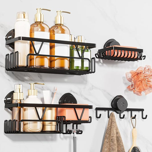 KEGII Shower Caddy Suction Cup, 4 Pack Suction Shower Shelf with Towel Rack No Drilling, Removable Shower Organizer with Hooks & Soap Holder, Space-Saving Bathroom Storage (Black) - Bloomnest