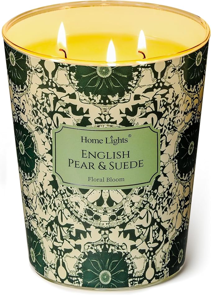 HomeLights Soy Wax Candles for Home Scented, 3-Wick Candles in English Pear & Suede Scented, Bohemian Natural Textures Aromatherapy Candles Gift for Parties, Relaxing, 34oz - Bloomnest