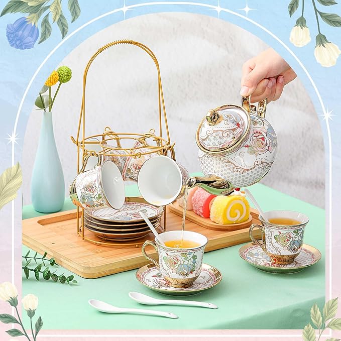 Zhehao 20 Pcs Porcelain Tea Set with Metal Holder and Spoon Adult Ceramic Tea Set European Flower Painting Teapot Cup Saucer Spoon for Women, Large Version(Minimalist Style) - Bloomnest