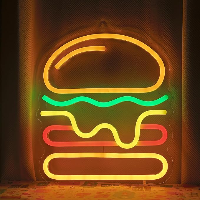 Attivolife Hamburger Neon Sign for Wall Decor, Light up Delicious Food Hamburg LED Lamp with Dim USB Powered, Unique Business Fast Food Shop Restaurant Decoration, Christmas Day Birthday Party - Bloomnest