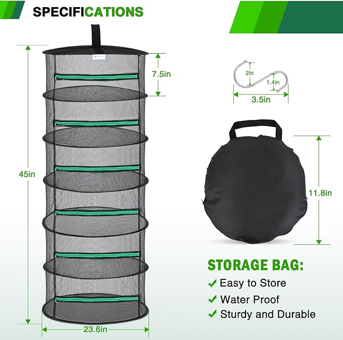 Yesker 6 Layer Herb Drying Rack Hanging Mesh Net Foldable Plant Drying Racks 24" Diameter with Green Zipper & Hook Dryer Hanging Rack for Herbs Seed Bud Fruit Clothes Grow Tent Closets Garden Outdoor - Bloomnest