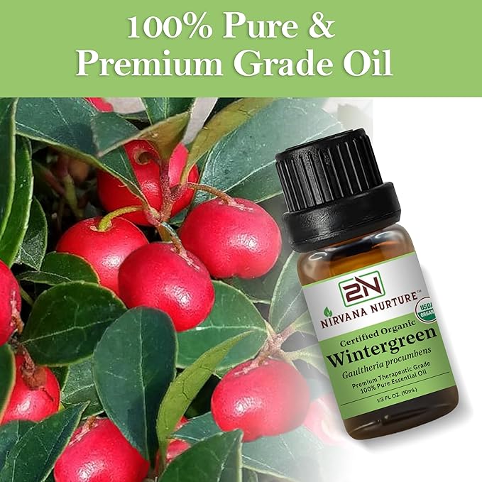 Wintergreen Essential Oil, USDA Certified Organic, 100% Pure Undiluted, Aromatherapy Oil for Diffuser, Hair & Skin Care NirvanaNurture