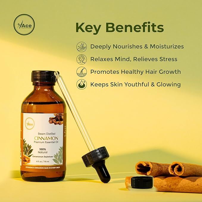 My Ace Cinnamon Essential Oil – 100% Pure & Natural, Steam Distilled – Premium Grade Undiluted Oil for Diffuser, Aromatherapy, Soap & Candle Making – Vegan & Paraben-Free – 4 fl oz with Dropper