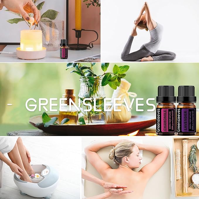 GREENSLEEVES Chamomile Lavender Essential Oil Set, 2 x 10ml Pure Plant-Based Fragrance Oil for Aromatherapy, Essential Oils for Diffuser, Massage, Bath Bomb, Scented Candle Soap Making GREENSLEEVES