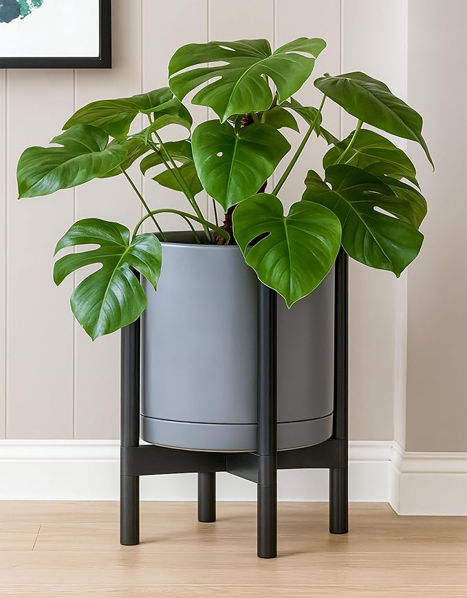D'vine Dev Ceramic Planter with Ebony Stand - 12 Inch Modern Round Flower Pot with Wood Planter Holder, Grey, 55-B-H-3 - Bloomnest
