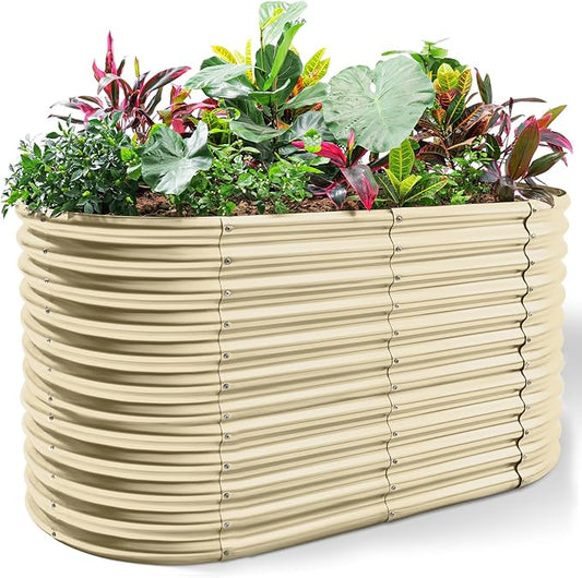 Land Guard 8x4x3ft Oval Galvanized Raised Garden Beds, Large-Capacity Metal Planter Box Outdoor, Durable Deep Raised Garden Bed 3ft Tall, Raised Beds for Gardening Vegetables, Cream Yellow - Bloomnest