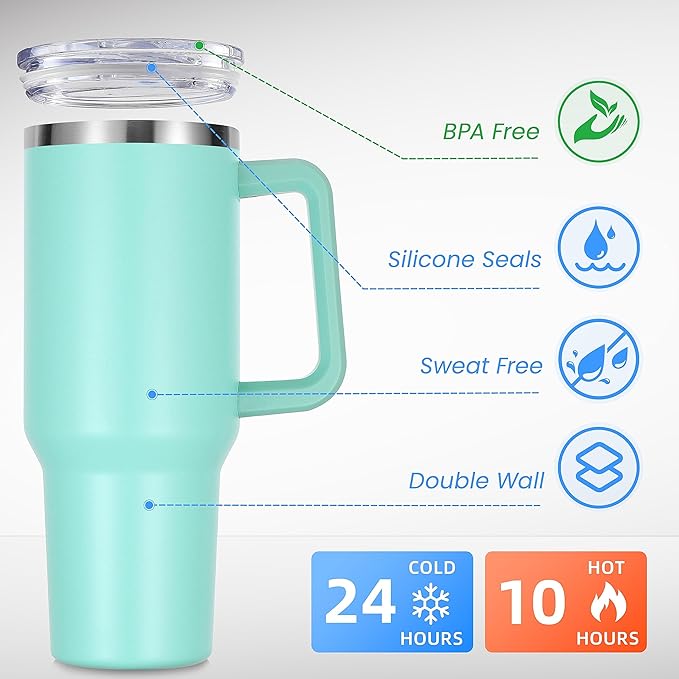DOMICARE 40 oz Tumbler with Handle and Straw, Stainless Steel Tumbler with Lid and Straw, Reusable Vacuum Insulated Cup, Travel Coffee Mug, Mint Green, 4Pack - Bloomnest