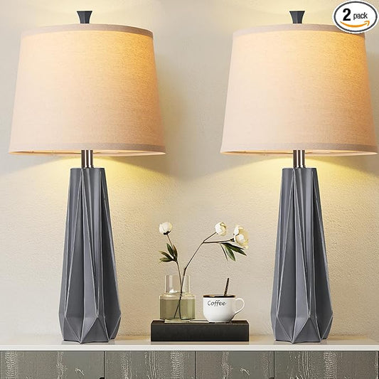 WIHTU 3 Color Temperature Table Lamps Set of 2, 27'' Grey Modern Table Lamp for Living Room, Beside Lamp with Linen Shade, Resin Desk Lamp for Nightstands Bedroom Decor (2 Bulbs Included) - Bloomnest