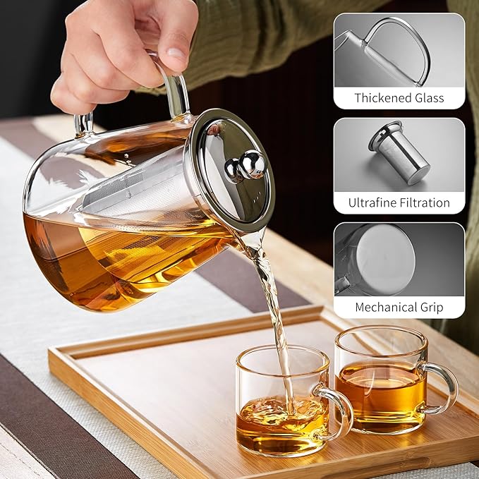 Glass Tea Pot 950ML, Borosilicate Glass Tea Kettle with Detachable Stainless Steel Infuser, Clear Teapot for Loose Leaf Tea, Blooming Tea, Tea bags 32oz - Bloomnest