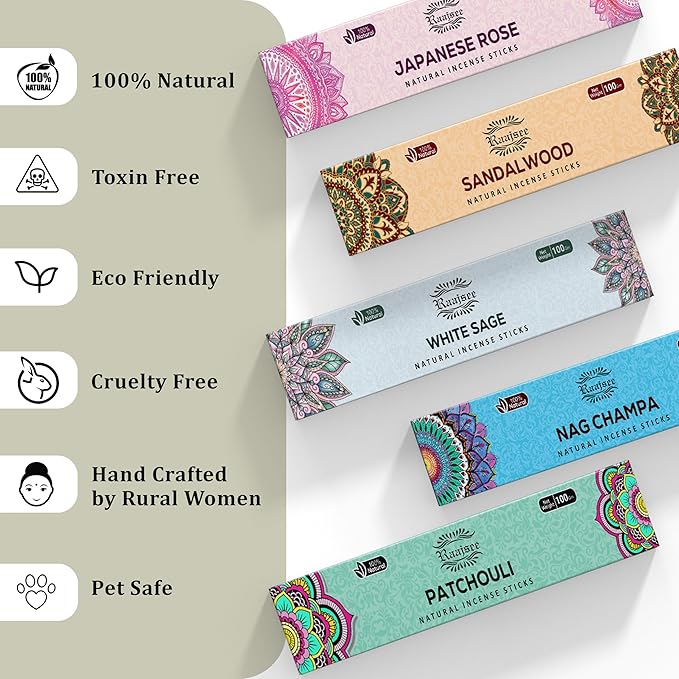 raajsee Incense Sticks Assorted Pack (180 gm), 100% Pure Organic Natural Hand Rolled Free from Chemicals - Perfect for Aromatherapy, Cleansing, Meditation, and Church (12 Pack) - Bloomnest