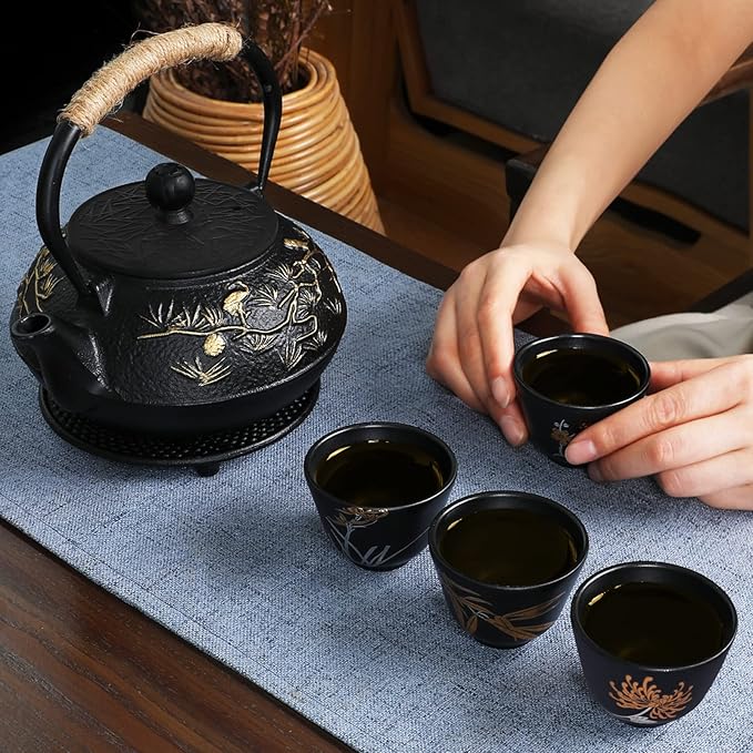 RekRang Longevity Crane Cast Iron Teapot, Japanese Style Tetsubin Tea Kettle with 4 Cups, Removable Infuser and Trivet, Antique Cast Iron Tea Set for Stove, 800ml, 28Ounce - Bloomnest