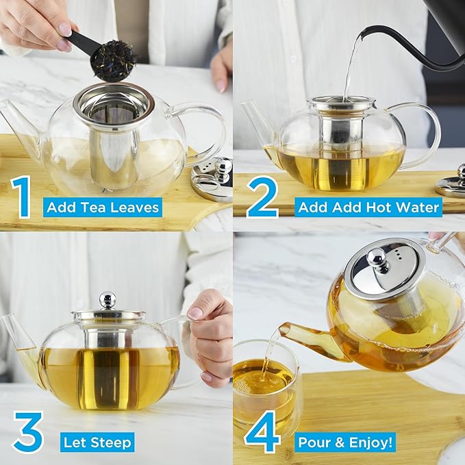 GROSCHE - Joliette Borosilicate Glass Teapot with Stainless Steel Infuser - 5 Cup Glass Teapot with Removable Strainer for Loose Leaf & Herbal Tea, Dishwasher Safe, 42 oz