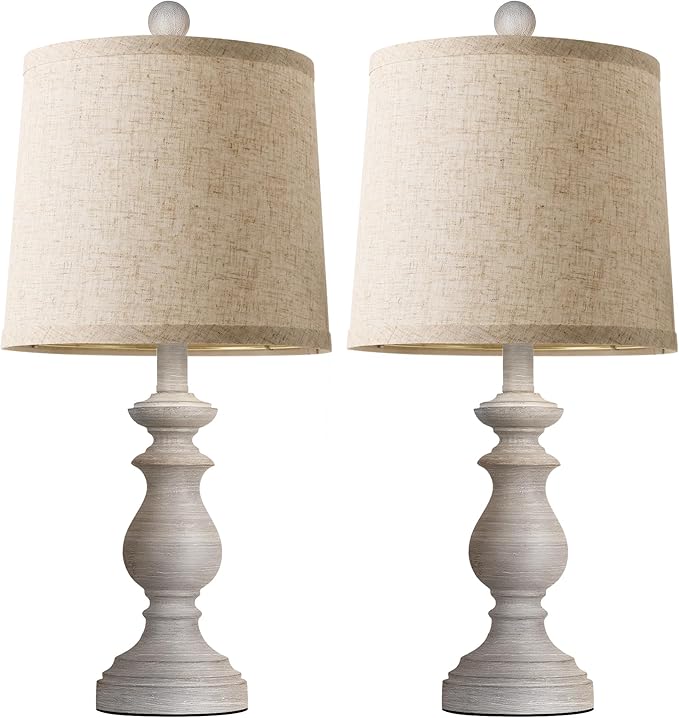 PARTPHONER Traditional Table Lamp Set of 2, Rustic Farmhouse Table Lamps for Living Room Bedroom, 22" Bedside Desk Lamps Vintage Nightstand Lamps with Linen Shades, Antique Grey - Bloomnest