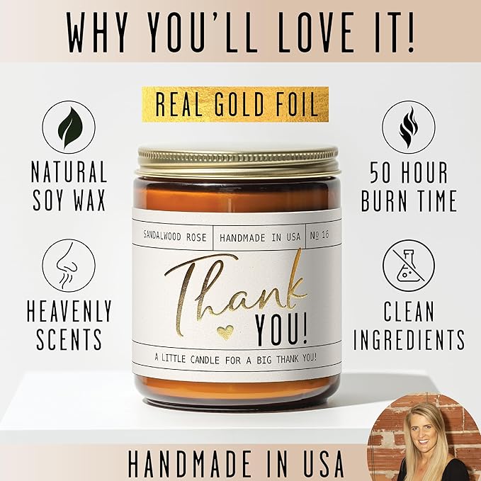 Thank You Gifts for Women - 'Thank You' Candle, w/Sandalwood Rose I Appreciation Gifts for Women I Thank You Gift for Friends, Couples, Coworkers, Boss, Teacher, Staff, Employee I 50Hr Burn, USA Made - Bloomnest