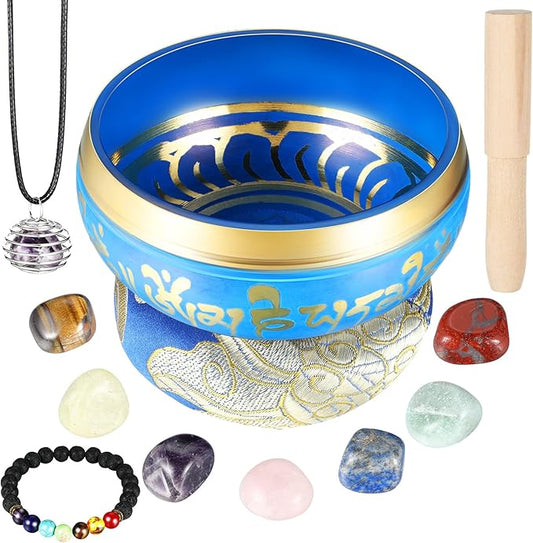 BBTO Tibetan Singing Bowls Set for Healing 3.4'' Meditation Sound Bath Bowl 7 pcs Chakra Crystal Stones Mallet Cushion Chakra Bracelet Pendant(Blue) - Bloomnest
