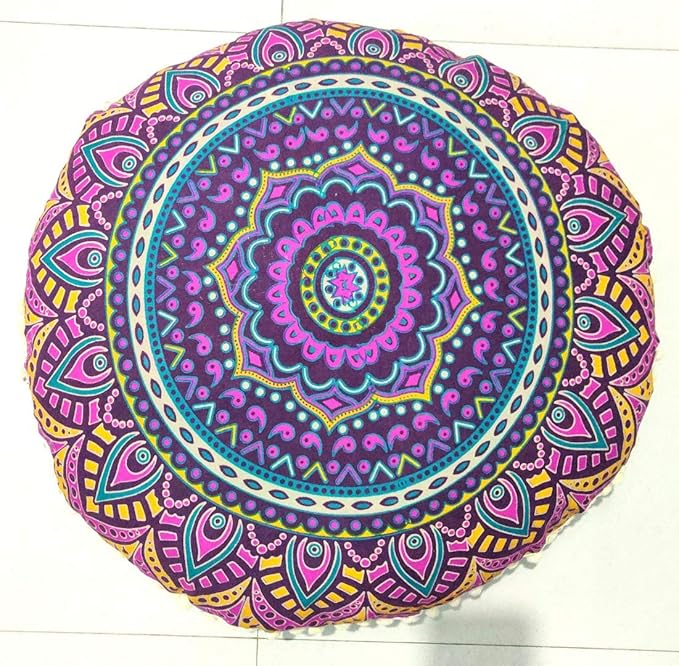 INDIAN CRAFT CASTLE New Pink Ombre 24" Mandala Barmeri Large Floor Pillow Cover Cushion Meditation Seating Ottoman Throw Cover Hippie Decorative Zipped Bohemian Pouf Ottoman Pom Pom Cases 24" Round - Bloomnest