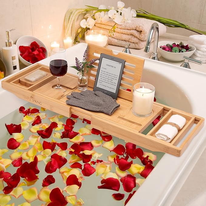 Temple Spring Wooden Bathtub Tray, Bamboo Bathroom Accessories, Bath Tray for Tub, at Home Spa Essentials, Board for Tub Table, Bath Caddy for Bathtub Accessories & Bathroom Essentials – Natural - Bloomnest