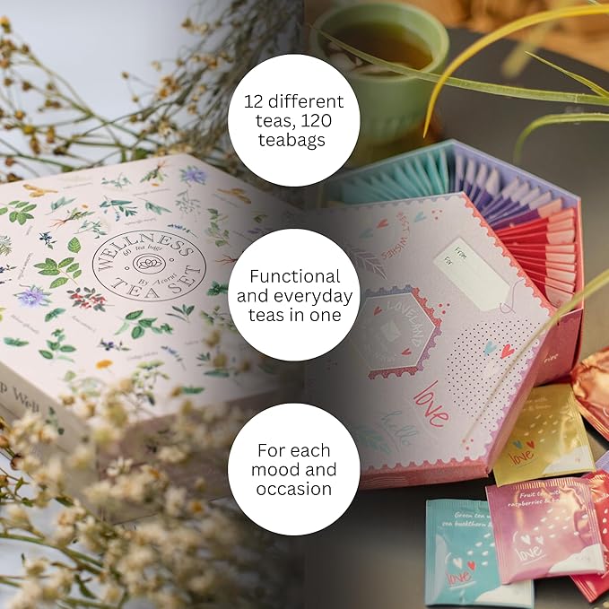 ACORUS Wellness & Loveland Tea Sets, Natural Assorted Herbal Tea Hamper Box Gift Sets, Large Variety of 120 Tea Bags, 12 Flavours - Bloomnest