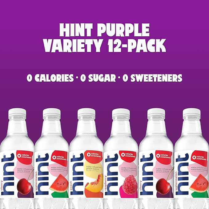 Hint Bottled Water, 4-Flavor Purple Variety Pack - Purified Water Beverages with Zero Calories, Natural Flavors, and Sugar Free - 16 Fl Oz (Pack of 12) - Bloomnest