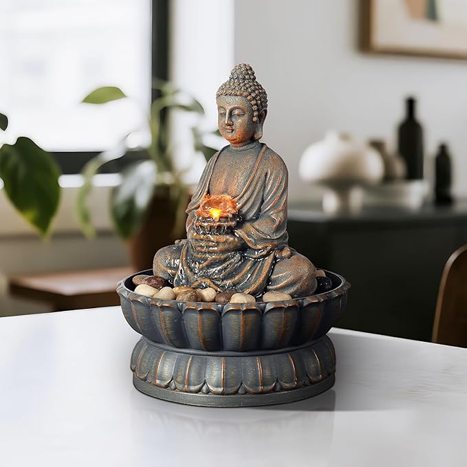 Kalona Home Décor 9.6" Tabletop Fountain Exquisite Smile Sitting Buddha Fountains Desk Water Fountain Decorative Zen Fountain w/Reflective Lighting/Cobblestone Office and Home Decor(21125A) - Bloomnest