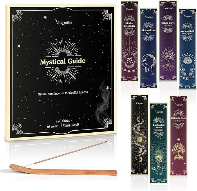 Mystical Guide Incense Sticks Variety Pack of 6 (120 Insence-Sticks) with Holder: Patchouli, Lavender, Sandalwood, Cinnamon, Lemongrass, Sage Inscents-Stick, Organic Incense Stick Non Toxic