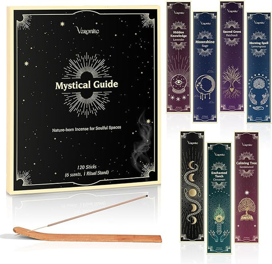 Mystical Guide Incense Sticks Variety Pack of 6 (120 Insence-Sticks) with Holder: Patchouli, Lavender, Sandalwood, Cinnamon, Lemongrass, Sage Inscents-Stick, Organic Incense Stick Non Toxic