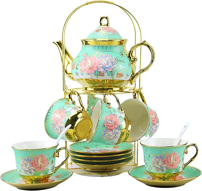 20 Pieces Porcelain Tea Set With Metal Holder, European Ceramic tea set for adults,Flower Tea Set,Tea Set For Women With Flower Painting (Large version, Green) - Bloomnest