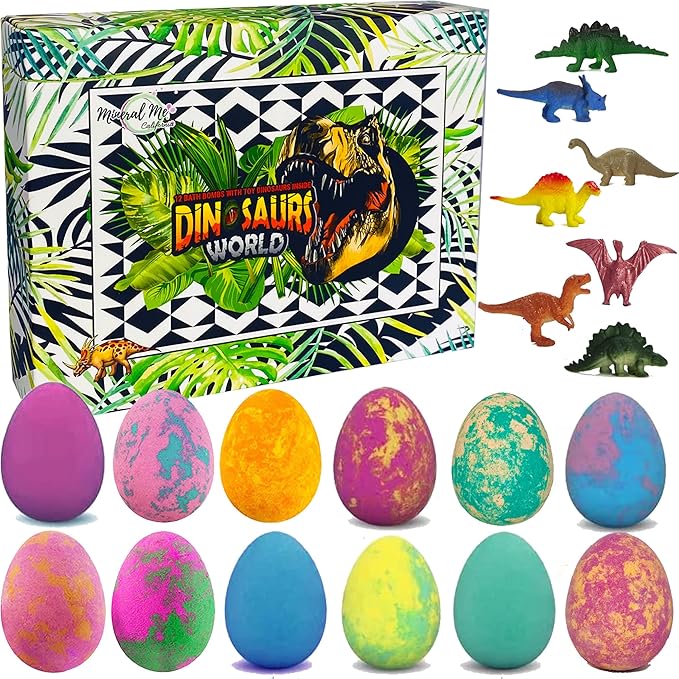 Bath Bombs for Kids with Surprise Inside - 12 Dinosaur Bath Bombs with Toys, Organic Colorful Bubble Bath Fizzies, Dino Egg Bath Bomb w/Rich Bubbles, Stocking Stuffers Christmas Gifts for Kids, Boys - Bloomnest
