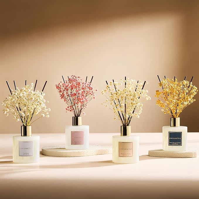 COCORRÍNA Reed Diffuser - Sweet Orange & Cedar 6.7 Fl.oz Reed Diffuser Set with Sticks & Preserved Baby's Breath, Reed Diffuser for Home Bathroom Shelf Decor - Bloomnest