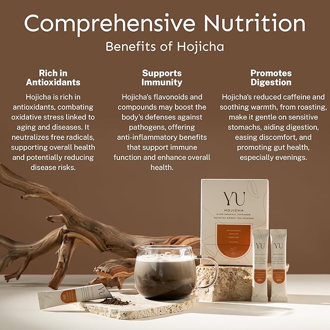 Yu Tea Organic Hojicha Green Tea Powder, 30 Instant Packets | Rich in Antioxidants & EGCG | Pure Japanese Roasted Green Tea | Low Caffeine & Unsweetened Matcha Alternative | Single Serve Sticks - Bloomnest