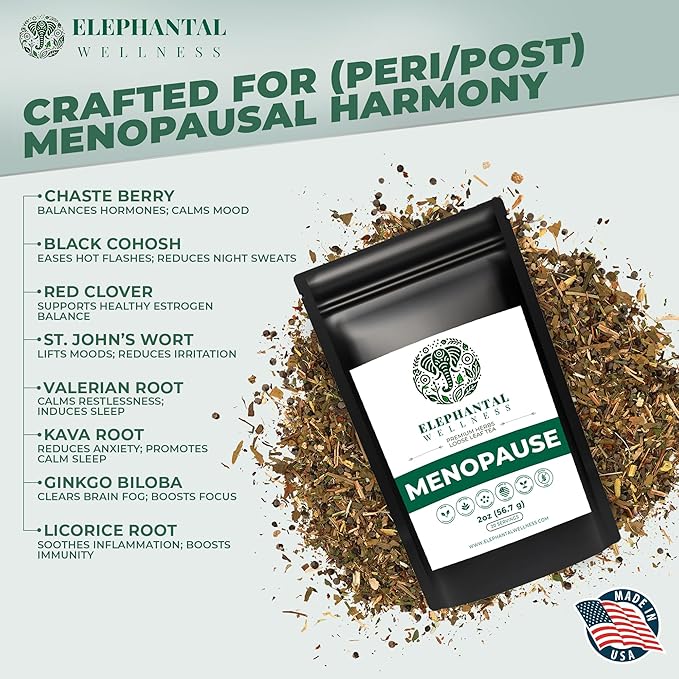 Elephantal Wellness Premium Menopause Herbal Tea | Hormonal Balance & Hot Flash Support with Chaste Berry, Red Clover, Black Cohosh & Valerian | Handmade, Caffeine-Free, Non-GMO Loose Leaf Blend | 2oz, 20 Servings - Bloomnest