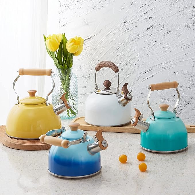 ROCKURWOK Tea Kettle, Tea Pot with Cool Touch Ergonomic Handle, Teapot Food Grade Stainless Steel, Tea Kettle Stovetop, Kettle Teapot, Whistling Tea Kettle, Small Tea Pot, 1.6 Quart (Blue) - Bloomnest