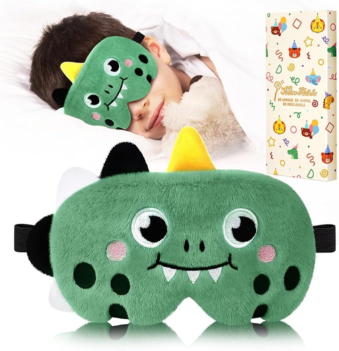 Sleep Mask for Kids - Cute Cartoon Plush Fuffy Sleeping Eye Cover Green Dinosaur Kawaii Soft Eyeshade with Adjustable Strap Animal Eye Blindfold for Kids Girls Boys Teens - Bloomnest