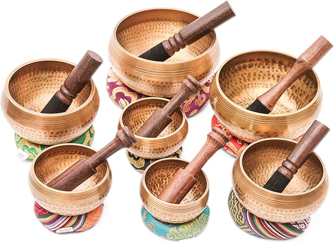 Tibetan Singing Bowl Set-Authentic Cuencos Tibetanos for Sound Healing, Meditation & Chakra Balancing - Includes Cushion, Mallet-Unique Spiritual Gifts for Women and Men (7 Chakra Bowl Set) LNYSI