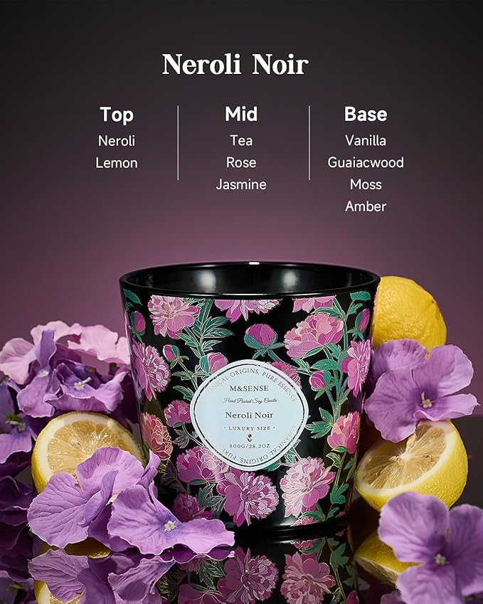 M&SENSE Neroli Noir Scented Candle, 28.2oz 3 Wick Natural Soy Wax Large Candles, Long Lasting Clean Slow Burning No Toxic Décor for Home Relaxation, Romantic Dates & Gift-Giving - Bloomnest
