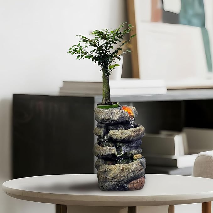 Kalona Tabletop Waterfall Fountain Rockery Fountains Soothing Sound Tabletop Fountains Home/Office Decor with a Small Plastic Pot to Grow The Plant by Yourself(Automatic Watering)(22020) - Bloomnest