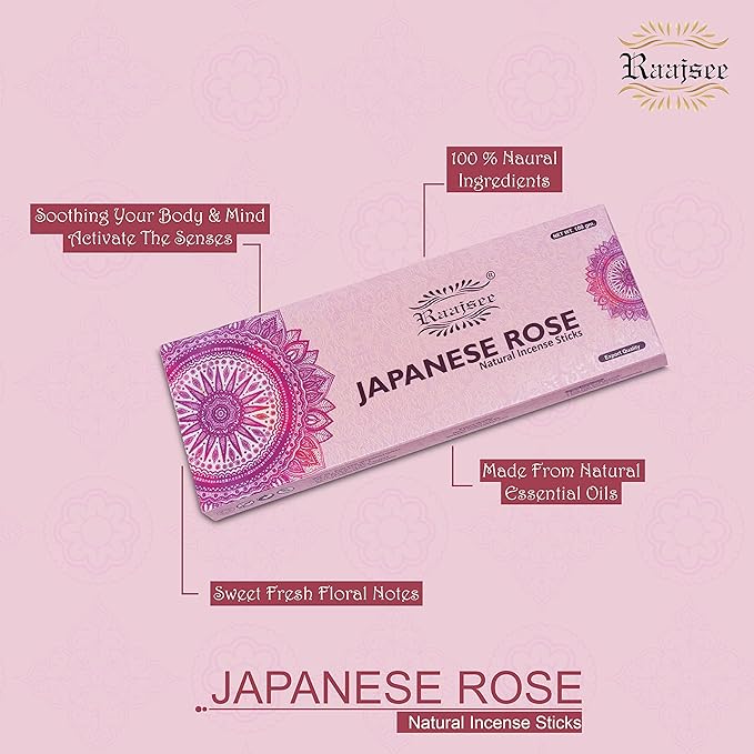 Raajsee Japanese Rose Incense Sticks 100 Gm Pack-100% Pure Organic Natural Hand Rolled Free from Chemicals-for Church,Aromatherapy,Relaxation,Meditation & Sensual Therapy RAAJSEE