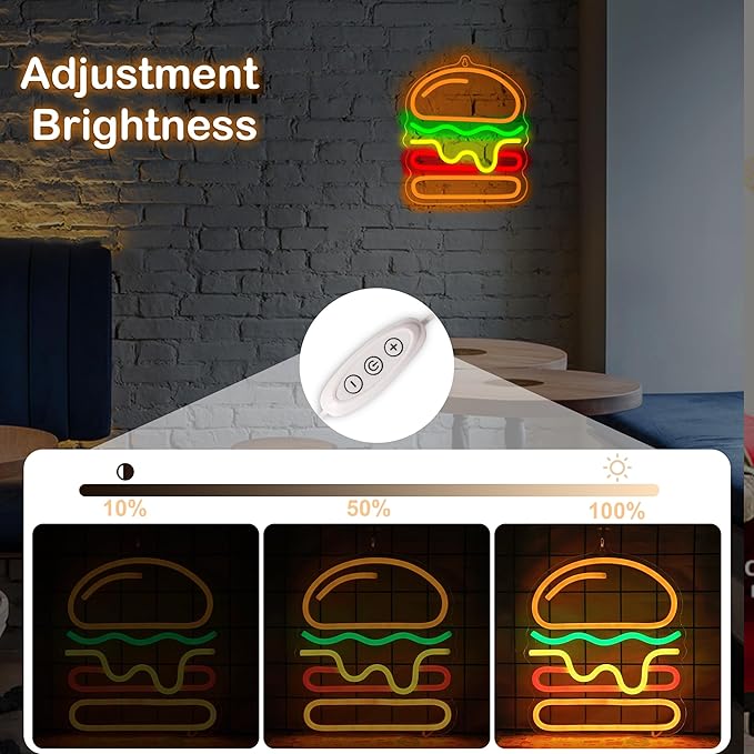 Attivolife Hamburger Neon Sign for Wall Decor, Light up Delicious Food Hamburg LED Lamp with Dim USB Powered, Unique Business Fast Food Shop Restaurant Decoration, Christmas Day Birthday Party - Bloomnest
