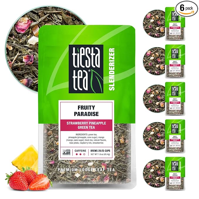 Tiesta Tea - Fruity Paradise, Strawberry Pineapple Green Tea, Premium Loose Leaf Blend, Tropical Fruit Flavor, Medium Caffeinated, Hot or Iced, 20-25 Cups, 9.6oz Resealable Pouch, Pack of 6 - Bloomnest