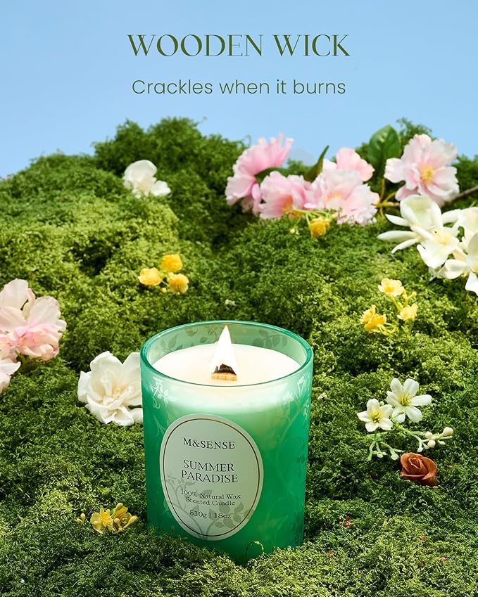 M&SENSE Summer Paradise Scented Candle, Cracking Wooden Wick Soy Wax, 18oz 100 Hours Long Lasting Clean Burn, Large Jar Candles for Home Decor, Non-Toxic Relaxing Aromatherapy Gifts for Women - Bloomnest