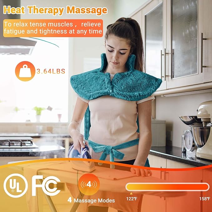 Massaging Heating Pad for Neck and Shoulders and Back, 24" x 35" Large Electric Heating Pad for Back Pain Relief with 3 Heat Levels, 4 Massage Settings, 2H Auto Shut-Off, 4 Massage Motors, Green - Bloomnest
