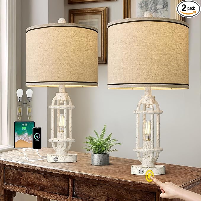 23.75'' Table Lamps Set of 2 for Living Room Bedroom Industrial Farmhouse Metal Touch Lamps with USB A+C Ports, Night Light Vintage Nightstand Bedside Lamp, Bulbs Included, White - Bloomnest