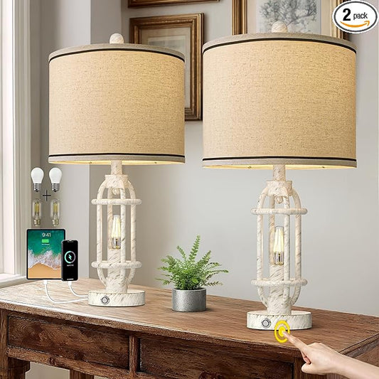 23.75'' Table Lamps Set of 2 for Living Room Bedroom Industrial Farmhouse Metal Touch Lamps with USB A+C Ports, Night Light Vintage Nightstand Bedside Lamp, Bulbs Included, White - Bloomnest