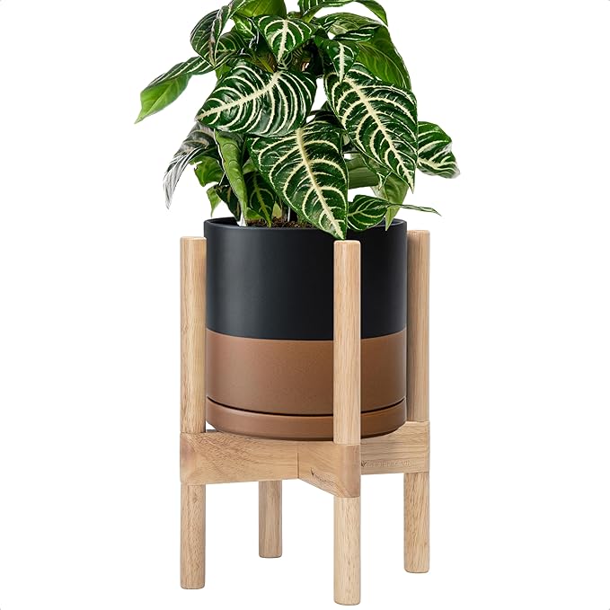 D'vine Dev Ceramic Planter with Natural Stand - 8 Inch Modern Round Flower Pot with Wood Planter Holder, Black/Speckled Tan, 55-B-N-7 - Bloomnest