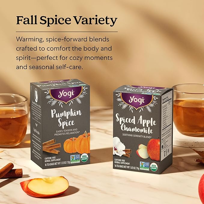 Yogi Tea - Fall Spice Variety Sampler Pack - 16 Tea Bags Per Pack (4 Pack) - Limited Edition Tea Sampler - Herbal Caffeine-Free Teas - Includes 2 Spiced Apple Chamomile & 2 Pumpkin Spice - Bloomnest