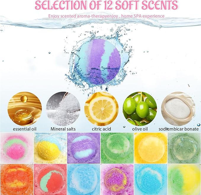 5.3 OZ Extra Large Bath Bombs Gift Set for Women, Girlfriend, Adults, Girls, Kids, 12 Pcs XXL Organic Natural Handmade Bathbombs for Skin Moisturizing, Bubble Spa Bath, Mothers Day Gift for Wife - Bloomnest
