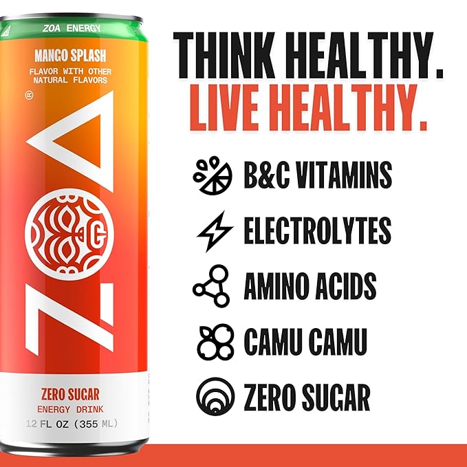 ZOA Zero Sugar Energy Drinks, Mango Splash - Sugar Free with Electrolytes, Healthy Vitamin C, Amino Acids, Essential B-Vitamins, and Caffeine from Green Tea - 12 Fl Oz (Pack of 12) - Bloomnest