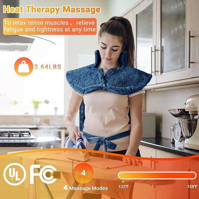 Massaging Heating Pad for Neck and Shoulders and Back, 24" x 35" Large Electric Heating Pad for Back Pain Relief with 3 Heat Levels, 4 Massage Settings, 2H Auto Shut-Off, 4 Massage Motors,Blue - Bloomnest